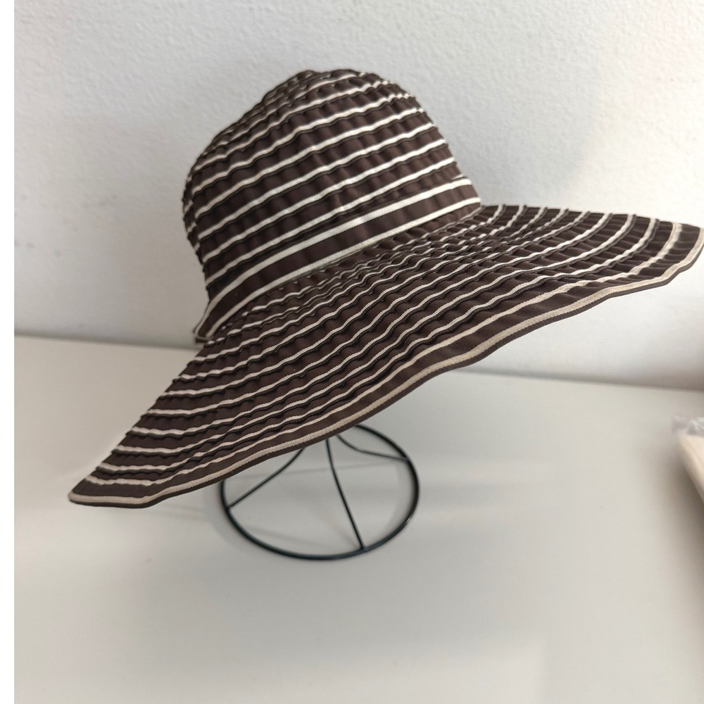 San Diego Hat Co Brown White Striped Wide Brim Sun Hat Ribbon Tie Packable